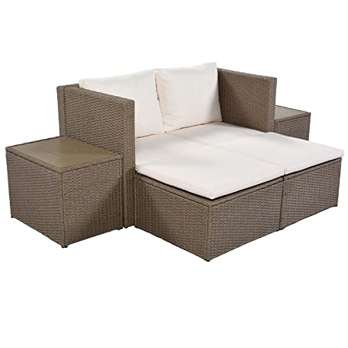 SIYAHOME Conversation 6-Piece Outdoor Furniture, PE Rattan Sectional Sofa Set with 2 Tea Tables for Poolside, Garden, Deck, Wicker Cushion, Brown + Beige