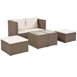 SIYAHOME Conversation 6-Piece Outdoor Furniture, PE Rattan Sectional Sofa Set with 2 Tea Tables for Poolside, Garden, Deck, Wicker Cushion, Brown + Beige