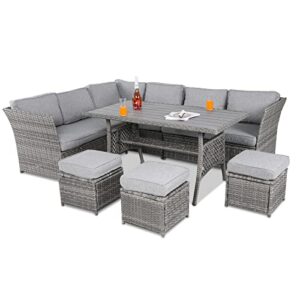 vonzoy 7 pieces outdoor patio furniture set pe wicker rattan sectional conversation sofa with dining table and chair, grey