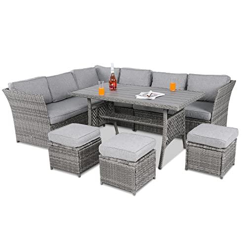 VONZOY 7 Pieces Outdoor Patio Furniture Set PE Wicker Rattan Sectional Conversation Sofa with Dining Table and Chair, Grey