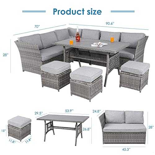 VONZOY 7 Pieces Outdoor Patio Furniture Set PE Wicker Rattan Sectional Conversation Sofa with Dining Table and Chair, Grey