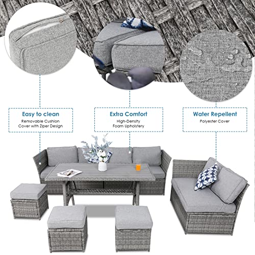 VONZOY 7 Pieces Outdoor Patio Furniture Set PE Wicker Rattan Sectional Conversation Sofa with Dining Table and Chair, Grey