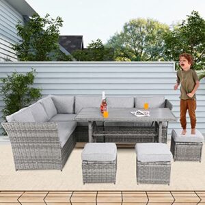 VONZOY 7 Pieces Outdoor Patio Furniture Set PE Wicker Rattan Sectional Conversation Sofa with Dining Table and Chair, Grey
