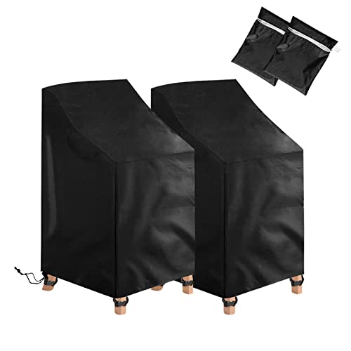 Outdoor Stackable Patio Chair Covers 2 Pack,Uranshin Waterproof Anti-UV Outdoor Chair Cover Heavy Duty Lawn Stacking Chair Covers All Weather Protection Garden Chairs Cover Fit for 5-7 Stackable Dining Chairs,Black
