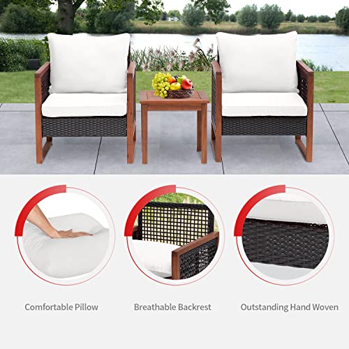 Patio Furniture 3-Piece Acacia Wood Patio Bistro Set Outdoor Chat Conversation Table Chair Set with Water Resistant Cushions and Coffee Table for Beach Backyard Garden,Khaki Cushion
