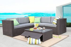 baner garden (k35-ch 4 pieces outdoor furniture complete patio cushion wicker rattan garden corner sofa couch set, chocolate