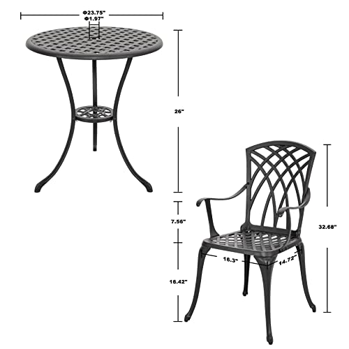 Nuu Garden 3 Piece Patio Bistro Sets Cast Aluminum Bistro Table Set Outdoor Patio Furniture with Umbrella Hole for Patio Balcony, Black with Golden Powder