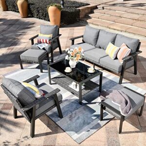 hooowooo outdoor patio furniture sets,6 piece modern conversation set with 3 seat sofa 2 pcs all-weather wicker chair tempered glass top table and ottoman footstool,dark grey cushions