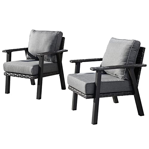 HOOOWOOO Outdoor Patio Furniture Sets,6 Piece Modern Conversation Set with 3 Seat Sofa 2 PCS All-Weather Wicker Chair Tempered Glass Top Table and Ottoman Footstool,Dark Grey Cushions