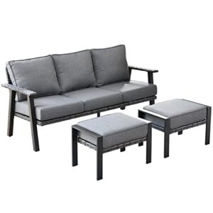 HOOOWOOO Outdoor Patio Furniture Sets,6 Piece Modern Conversation Set with 3 Seat Sofa 2 PCS All-Weather Wicker Chair Tempered Glass Top Table and Ottoman Footstool,Dark Grey Cushions