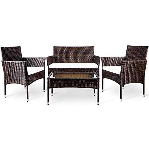 STARTOGOO Pieces Outdoor Rattan Chair Wicker Sofa Garden Conversation Soft Cushion and Glass Table for Yard, Pool or Backyard, 4 Pcs Patio Furniture Set, Brown + Beige