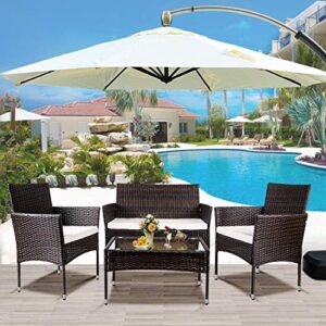 STARTOGOO Pieces Outdoor Rattan Chair Wicker Sofa Garden Conversation Soft Cushion and Glass Table for Yard, Pool or Backyard, 4 Pcs Patio Furniture Set, Brown + Beige