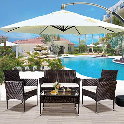 STARTOGOO Pieces Outdoor Rattan Chair Wicker Sofa Garden Conversation Soft Cushion and Glass Table for Yard, Pool or Backyard, 4 Pcs Patio Furniture Set, Brown + Beige