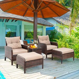 vongrasig 5 piece wicker patio conversation set, pe wicker rattan outdoor lounge chairs set of 2 with soft cushions, ottomans and glass table for porch, garden, brown
