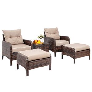 Vongrasig 5 Piece Wicker Patio Conversation Set, PE Wicker Rattan Outdoor Lounge Chairs Set of 2 with Soft Cushions, Ottomans and Glass Table for Porch, Garden, Brown