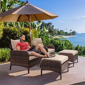 Vongrasig 5 Piece Wicker Patio Conversation Set, PE Wicker Rattan Outdoor Lounge Chairs Set of 2 with Soft Cushions, Ottomans and Glass Table for Porch, Garden, Brown