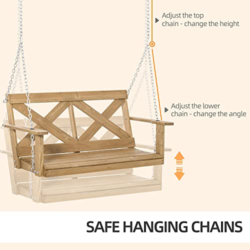 Outsunny 2 Person Porch Swing, Patio Swing, Outdoor Swing Bench with Pine Wood Frame and Hanging Chains for Garden and Yard, 550 lbs Weight Capacity, X Shaped Design, Natural