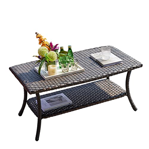 HUMMUH Wicker Patio Coffee Table,Rattan Outdoor Coffee Table with 2-Layer Storage Furniture Tables for Garden,Porch,Backyard