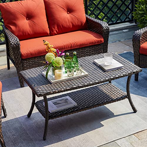 HUMMUH Wicker Patio Coffee Table,Rattan Outdoor Coffee Table with 2-Layer Storage Furniture Tables for Garden,Porch,Backyard