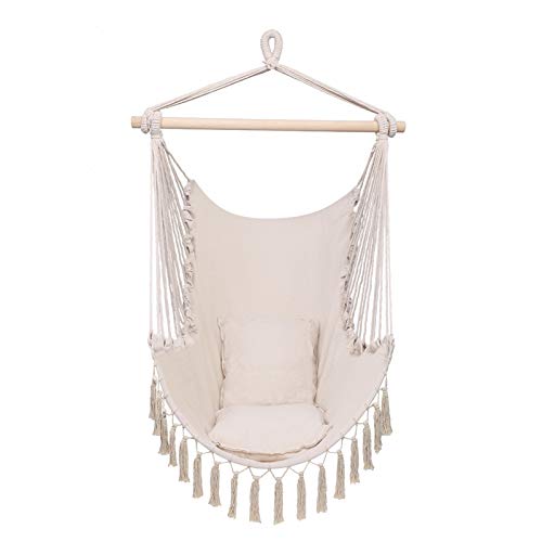 Hanging Rope Hammock Chair, Lace Swing Chair with 2 Seat Cushions & Installation Kit, Max 330 Lbs, for Indoor Outdoor Garden Yard Theme Decoration (Beige)
