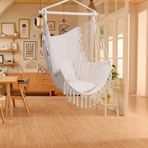 Hanging Rope Hammock Chair, Lace Swing Chair with 2 Seat Cushions & Installation Kit, Max 330 Lbs, for Indoor Outdoor Garden Yard Theme Decoration (Beige)