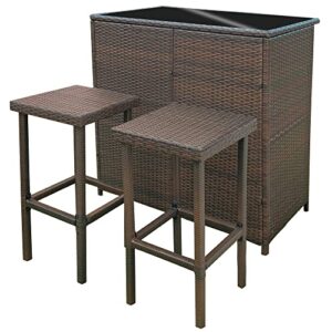 mcombo patio bar set, wicker outdoor table and 2 stools, 3 piece patio furniture with storage for poolside, backyard, garden, porches 6085-1201 (brown)