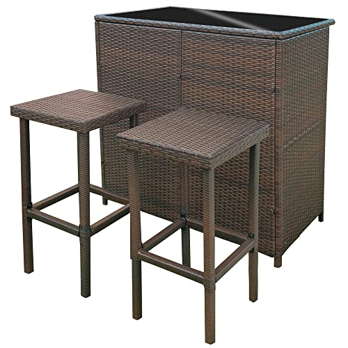 MCombo Patio Bar Set, Wicker Outdoor Table and 2 Stools, 3 Piece Patio Furniture with Storage for Poolside, Backyard, Garden, Porches 6085-1201 (Brown)