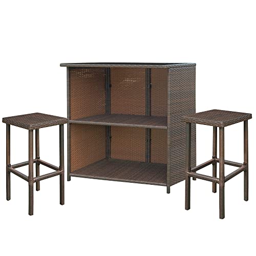 MCombo Patio Bar Set, Wicker Outdoor Table and 2 Stools, 3 Piece Patio Furniture with Storage for Poolside, Backyard, Garden, Porches 6085-1201 (Brown)