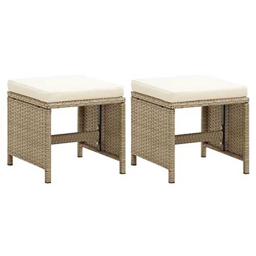 vidaXL 2X Patio Stools with Cushions Garden Outdoor Indoor Balcony Wicker Upholstered Chairs Set with Pads Home Furniture Poly Rattan Beige