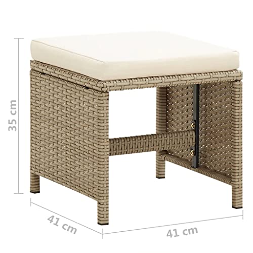 vidaXL 2X Patio Stools with Cushions Garden Outdoor Indoor Balcony Wicker Upholstered Chairs Set with Pads Home Furniture Poly Rattan Beige