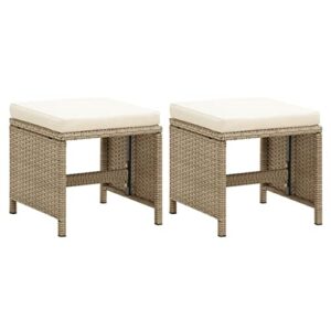 vidaXL 2X Patio Stools with Cushions Garden Outdoor Indoor Balcony Wicker Upholstered Chairs Set with Pads Home Furniture Poly Rattan Beige