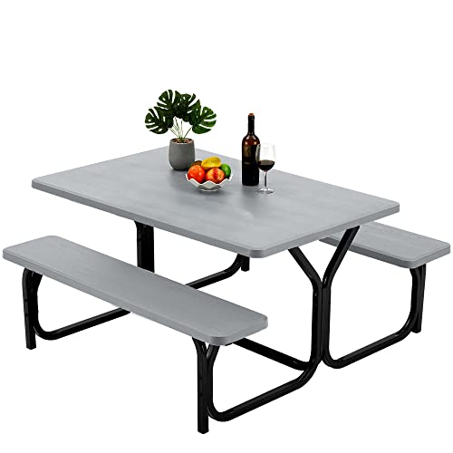 Haddockway Picnic Table Bench Set Patio Camping Table with All Weather Metal Base and Plastic Table Top Outdoor Dining Garden Deck Furniture for Adult Grey