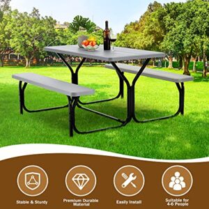 Haddockway Picnic Table Bench Set Patio Camping Table with All Weather Metal Base and Plastic Table Top Outdoor Dining Garden Deck Furniture for Adult Grey