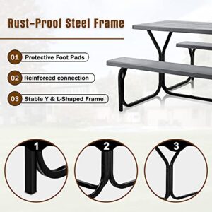 Haddockway Picnic Table Bench Set Patio Camping Table with All Weather Metal Base and Plastic Table Top Outdoor Dining Garden Deck Furniture for Adult Grey