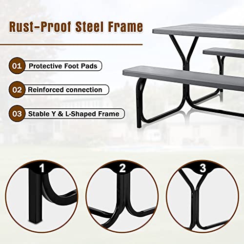 Haddockway Picnic Table Bench Set Patio Camping Table with All Weather Metal Base and Plastic Table Top Outdoor Dining Garden Deck Furniture for Adult Grey