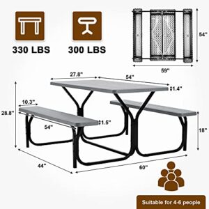 Haddockway Picnic Table Bench Set Patio Camping Table with All Weather Metal Base and Plastic Table Top Outdoor Dining Garden Deck Furniture for Adult Grey