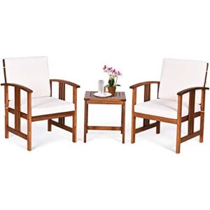 tangkula 3 pieces patio furniture set, includes set of 2 outdoor acacia wood cushioned chairs and coffee table, for garden, backyard, poolside, bistro and deck, patio conversation chat set (white)