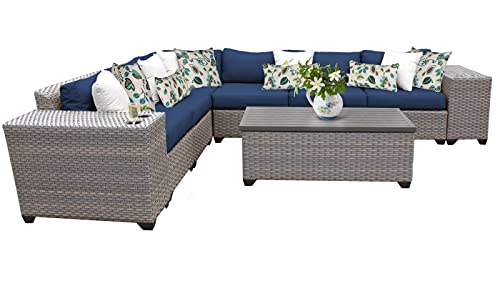 TK Classics Florence Sectional Seating Group with Cushions 9 Piece Outdoor Wicker Patio Furniture Set, Navy