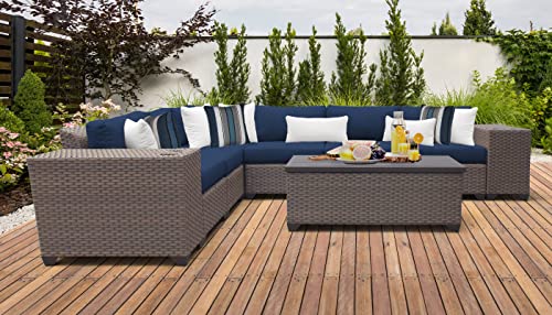 TK Classics Florence Sectional Seating Group with Cushions 9 Piece Outdoor Wicker Patio Furniture Set, Navy