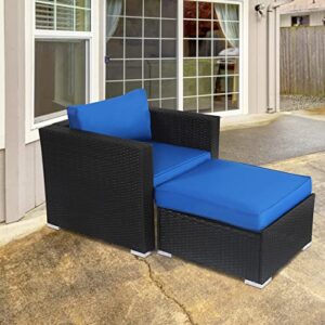 patio furniture set with ottoman, outdoor pe rattan wicker conversation sofa set w/ottoman footstool set for garden, patio, balcony, beach, space saving design(dark blue cushion)