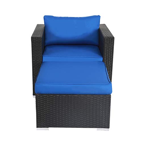 Patio Furniture Set with Ottoman, Outdoor PE Rattan Wicker Conversation Sofa Set W/Ottoman Footstool Set for Garden, Patio, Balcony, Beach, Space Saving Design(Dark Blue Cushion)