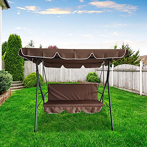 Outdoor Porch Swing, 3 Person Patio Swing Seat with Sunshade Canopy, Strong Weather Resistant Steel Frame, Outdoor Porch Swing Chair Bench for Patio, Garden, Poolside, Balcony, Backyard (Coffee)