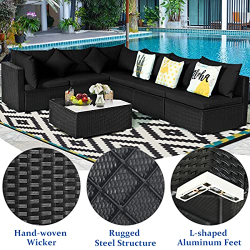 Tangkula 7 Piece Patio Furniture Set, Outdoor Sectional Sofa w/Pillows and Cushions, Wicker Sofa Conversation Set with Coffee Table, Patio Sofa and Tea Table Set for Garden, Lawn (Black)