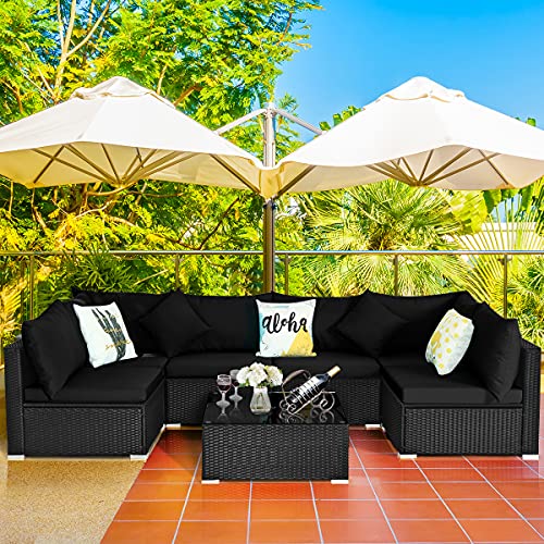 Tangkula 7 Piece Patio Furniture Set, Outdoor Sectional Sofa w/Pillows and Cushions, Wicker Sofa Conversation Set with Coffee Table, Patio Sofa and Tea Table Set for Garden, Lawn (Black)