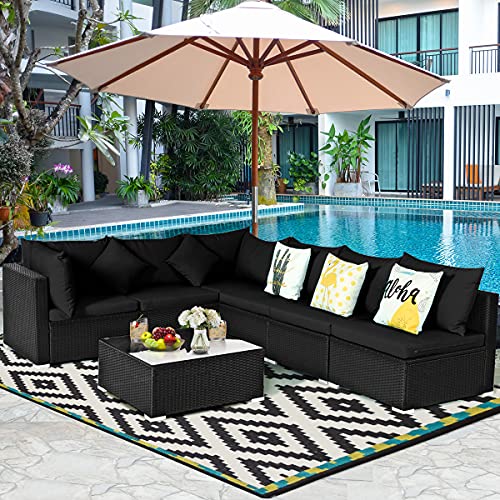 Tangkula 7 Piece Patio Furniture Set, Outdoor Sectional Sofa w/Pillows and Cushions, Wicker Sofa Conversation Set with Coffee Table, Patio Sofa and Tea Table Set for Garden, Lawn (Black)