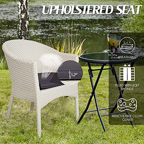 Koreyosh Outdoor Rattan Dining Chair Wicker Patio Arm Chair with Soft Cushion,Steel Frame Front Porch Furniture for Garden, Balcony, Lawn and Indoors (White-1 Pack)