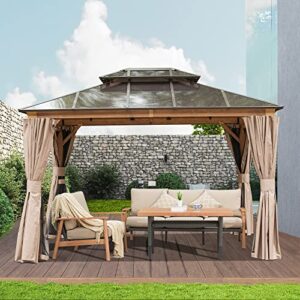 domi outdoor living 10’ x 12’ hardtop gazebo outdoor aluminum gazebo with polycarbonate double roof canopy for lawn and garden, with curtains & net (wood looking)