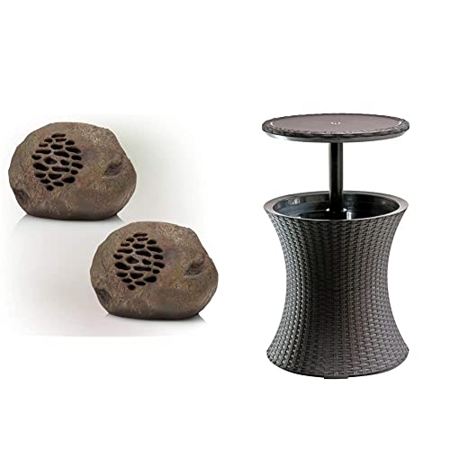 Alpine Corporation Weather-Resistant Bluetooth Solar-Powered Outdoor Wireless Rock Speaker – Set of 2 & Keter Outdoor Patio Furniture and Hot Tub Side Table with 7.5 Gallon Beer and Wine Cooler, Brown