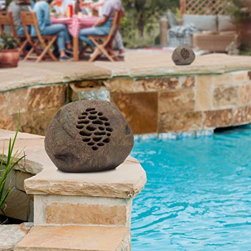 Alpine Corporation Weather-Resistant Bluetooth Solar-Powered Outdoor Wireless Rock Speaker – Set of 2 & Keter Outdoor Patio Furniture and Hot Tub Side Table with 7.5 Gallon Beer and Wine Cooler, Brown