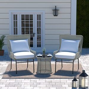meetwarm 3-piece outdoor all-weather wicker furniture set with glass top side table, patio conversation bistro sets with cushions for porch garden & backyard, light grey